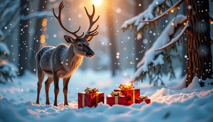 A detailed reindeer stands near bright red holiday gift boxes in a softly lit snowy winter forest