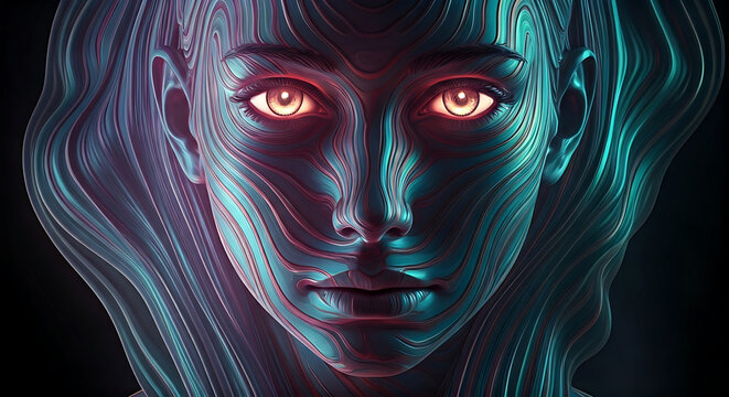 Striking futuristic female portrait with glowing eyes, perfect for science fiction or high-tech concepts and ethereal beauty - Powered by Adobe
