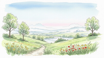 Watercolor Landscape with Path, Lake, and Hills