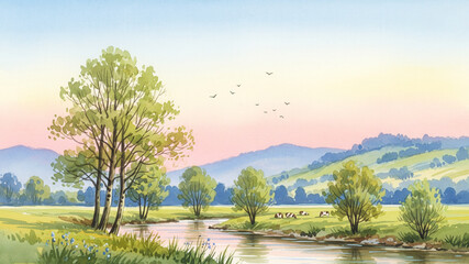 Watercolor Landscape with River, Meadow, and Hills