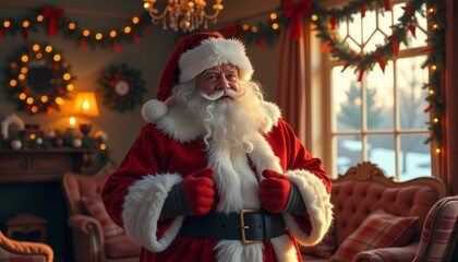 Elderly man dressed as Santa Claus standing indoors with Christmas decorations and a snowy view outside