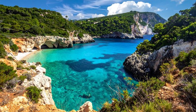 Picturesque cove with turquoise waters and lush greenery in Corfu.