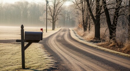 Tranquil rural landscape with frosted trees and rustic mailbox on a serene country road at dawn