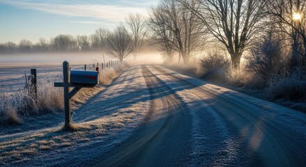 Frosty morning rural landscape with mailbox and frost-covered road at sunrise
