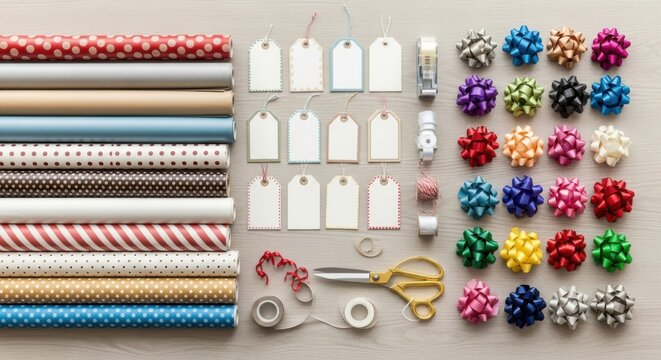Elegant gift wrapping essentials with colorful ribbons and decorative tags for creative present packaging