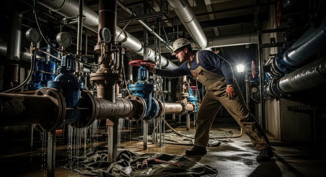 Industrial worker adjusting valve in a dimly lit factory setting for maintenance and repair concept