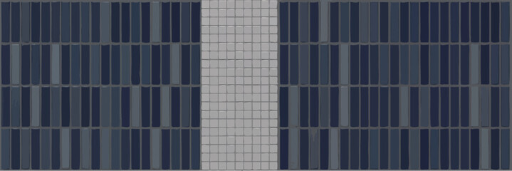 Aerial view of building facade with blue rectangular tiles and white square tile center column