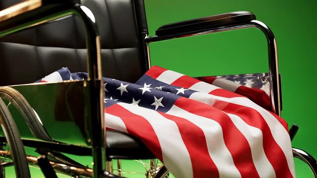 American flag draped over an empty wheelchair against a vibrant green background
