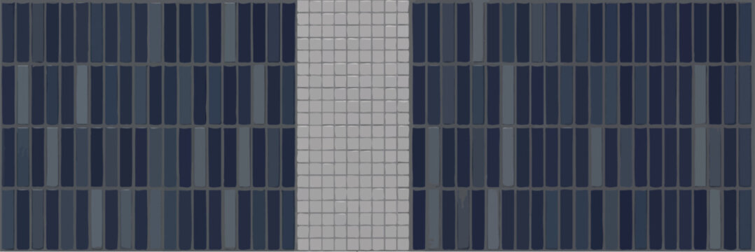 Aerial view of building facade with blue rectangular tiles and white square tile center column