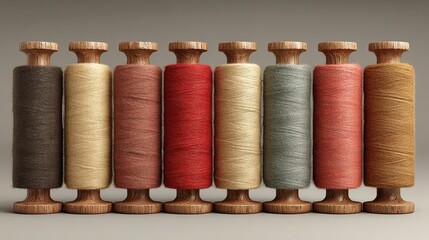 A collection of wooden spools wound with different colored threads including brown, beige, red, and green hues are arranged neatly in a line against a neutral backdrop.