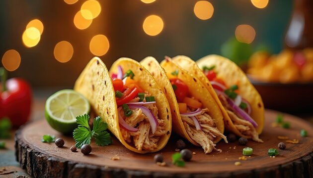 Four chicken tacos sit on a wood plate. Toppings include tomatoes red onion and bell pepper. Lime and cilantro garnish the food. Festive bokeh lights in background.