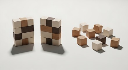Obraz premium Wooden Block Puzzle Sets and Disassembled Cubes in Minimalist Studio