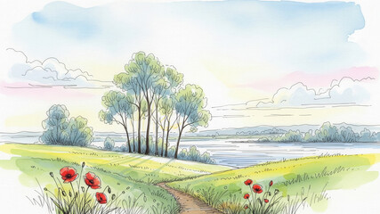 Watercolor Landscape with Trees, Path, and Poppies