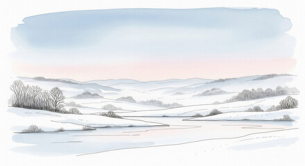 Watercolor Illustration of Snowy Landscape with Trees and Water