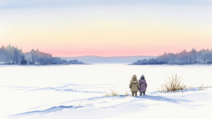 Watercolor Painting of Two Children in Winter Landscape
