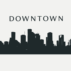 Naklejka premium Black silhouette of a modern city skyline with the word Downtown.