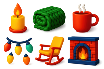 Cozy Atmosphere Icons. 3D icon set of cozy atmosphere: glowing candle, knit blanket, hot drink mug, fairy lights, rocking chair,