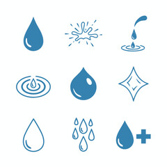 Set of blue water drop icons showing splashes ripples and purity symbols.