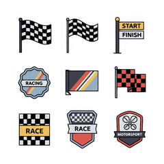 Collection of colorful racing flags and motorsport emblems icon set.