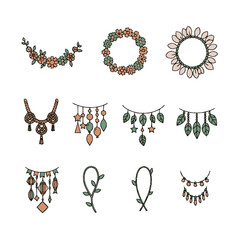 Set of handdrawn bohemian style necklaces and floral wreaths.