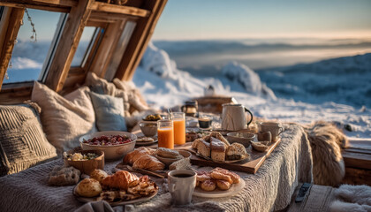 Cozy mountain breakfast serving fresh pastries and hot drinks with a scenic snowy view