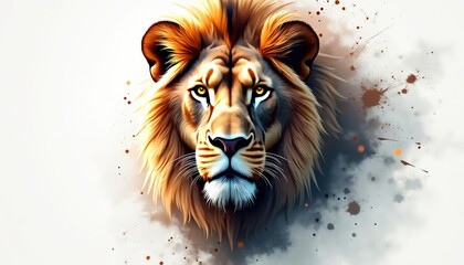 Striking lion face illustration with intense glowing amber eyes. Powerful king of jungle portrait shows detailed golden mane. Wild animal head features digital smoke effects, brown paint splatters on