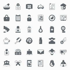 Set of 36 universal solid glyph icons for web and mobile design.