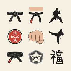 Set of Japanese Martial Arts Icons with Black Belts and Fighter Silhouettes.
