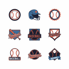 Set of isolated baseball sport logos and equipment icons.