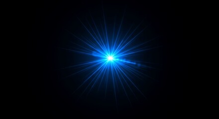 A bright blue starburst effect with lens flare against a completely black background, symbolizing energy and light