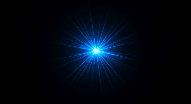 A bright blue starburst effect with lens flare against a completely black background, symbolizing energy and light