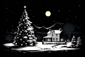 Naklejka premium Christmas tree, a high contrast black and white graphic, showing a massive snow covered pine and forest against a dark black night sky with a full moon for an elegant xmas mood