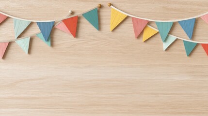Colorful bunting garlands on wooden background.