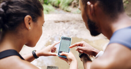 Hands, people and phone screen with coach, outdoor and point for exercise program on ui. Personal trainer, client and smartphone with scroll, back or guide on mobile app for fitness at nature park