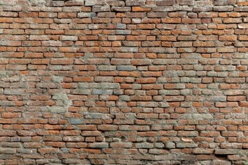 Weathered red brick wall with visible mortar and texture close up view