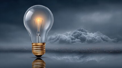 Illuminating Reflection: A Stunning Photorealistic Light Bulb Captured Over Water at Dusk in a Conceptual Digital Farming Landscape