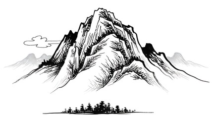Monochrome Mountain Range Ink Drawing with Trees and Cloud.