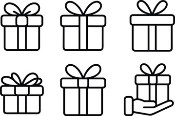 Set of outlined gift box icons with ribbons, bows, and a hand offering present symbol for celebrations, holidays, and festive themes, – cad drawing flat vector illustration