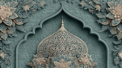 A detailed close up of an ornate Islamic architectural element featuring a teal background with gold accents on a central dome and surrounding floral designs.