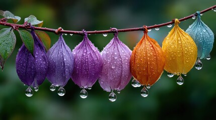 A Vibrant Display of Colorful Flowers Gracefully Hanging from a Tree Branch, Perfectly Captured in Nature's Beauty