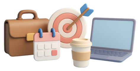 3D Business Icons: Briefcase Calendar Target Coffee Cup and Laptop Arranged Together portfolio luggage isolated on a transparent background