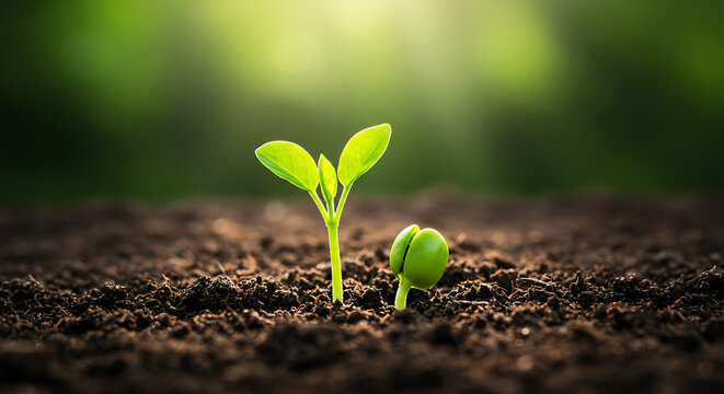 A small green plant sapling sprouts from fertile soil with a bright sunbeam in the background, a powerful concept of new life and growth