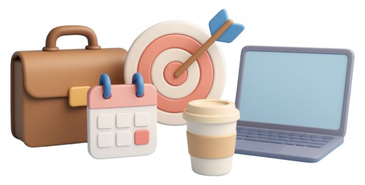3D Business Icons: Briefcase Calendar Target Coffee Cup and Laptop Arranged Together portfolio luggage isolated on a transparent background - Powered by Adobe