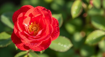 Red Camellia Flower with Dew Drops on Green Foliage in Natural Light