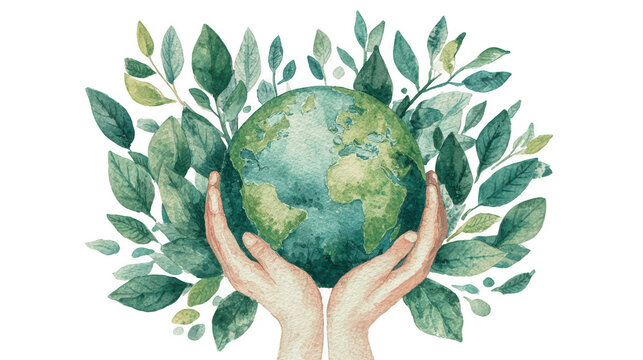 Watercolor Hands Gently Holding Planet Earth Surrounded by Green Leaves Symbolizing Conservation