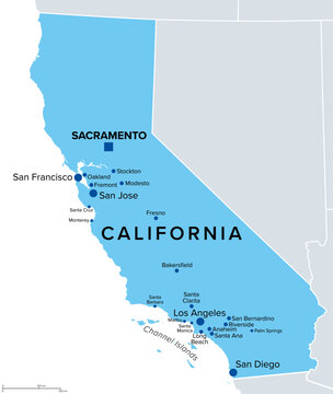 State of California, political map. State in the Western United States, on the Pacific Coast, with capital Sacramento, and largest city Los Angeles. Isolated illustration on white background. Vector