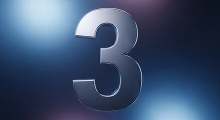 Metallic Number Three on Dark Blue Gradient Background with Light Highlights
