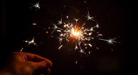 Sparkler burning brightly in the dark, creating a dazzling display of light and sparks, held by a hand