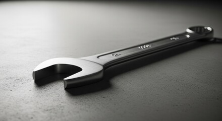 Close-up of a metallic wrench on a textured surface with dramatic lighting, showcasing precision and industrial craftsmanship.