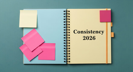 Motivational image of a planner for the year 2026 focused on the theme of consistency, planning, and business strategy.